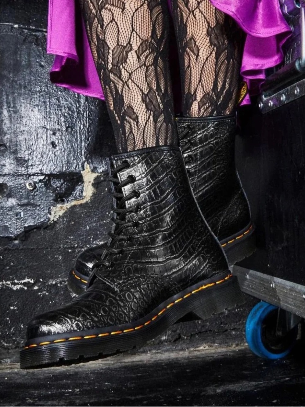 Dr. Martens 1460 Wild Croc Gunmetal Embossed 8 Eye Black Combat Boots Lace Up